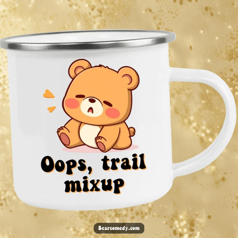 Funny camping mug featuring a bear character stumbling with a surprised 'Oops!' expression, durable for adventures and humorous appeal.