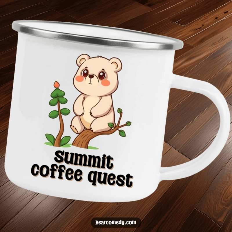 Funny determined bear character climbing a small tree on a durable camping mug, for outdoor ambition.
