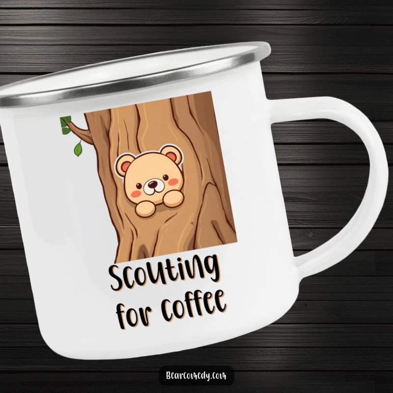 Funny camping mug featuring a curious bear peeking from behind a tree, perfect for rustic humor and enjoying beverages outdoors.