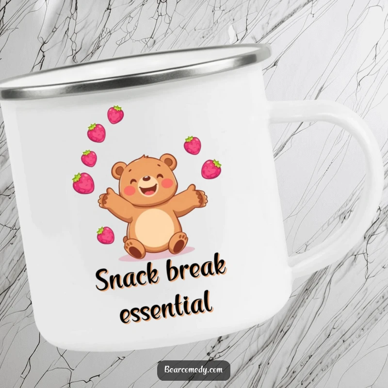 Funny bear camping mug with a happy bear juggling bright, bouncing berries, perfect for enjoying beverages during outdoor adventures.