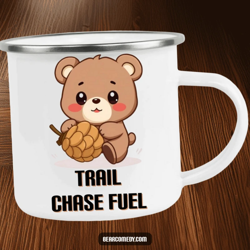 Funny camping mug featuring a bear character playfully chasing a rolling pinecone with eyes full of glee, perfect for rustic humor.