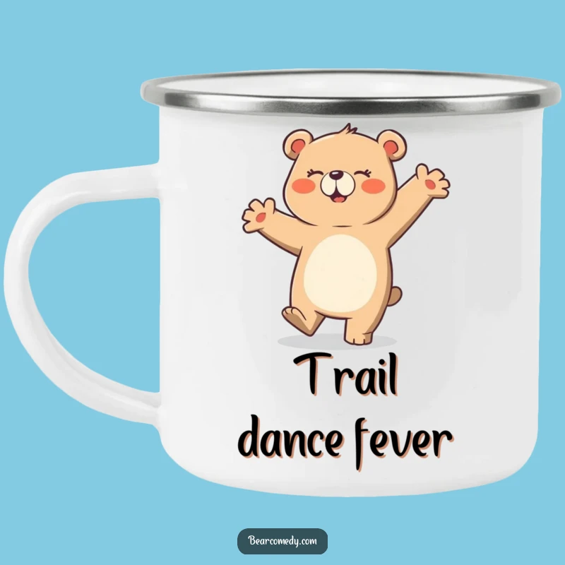 Funny Bear Dancing Camping Mug: Clumsy Character Enamel Cup for Outdoors
