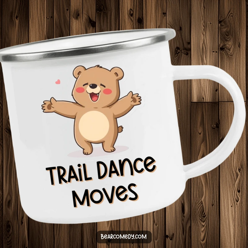 Funny camping mug depicting a bear character doing a clumsy, happy dance with flailing arms, ready for campfire fun.