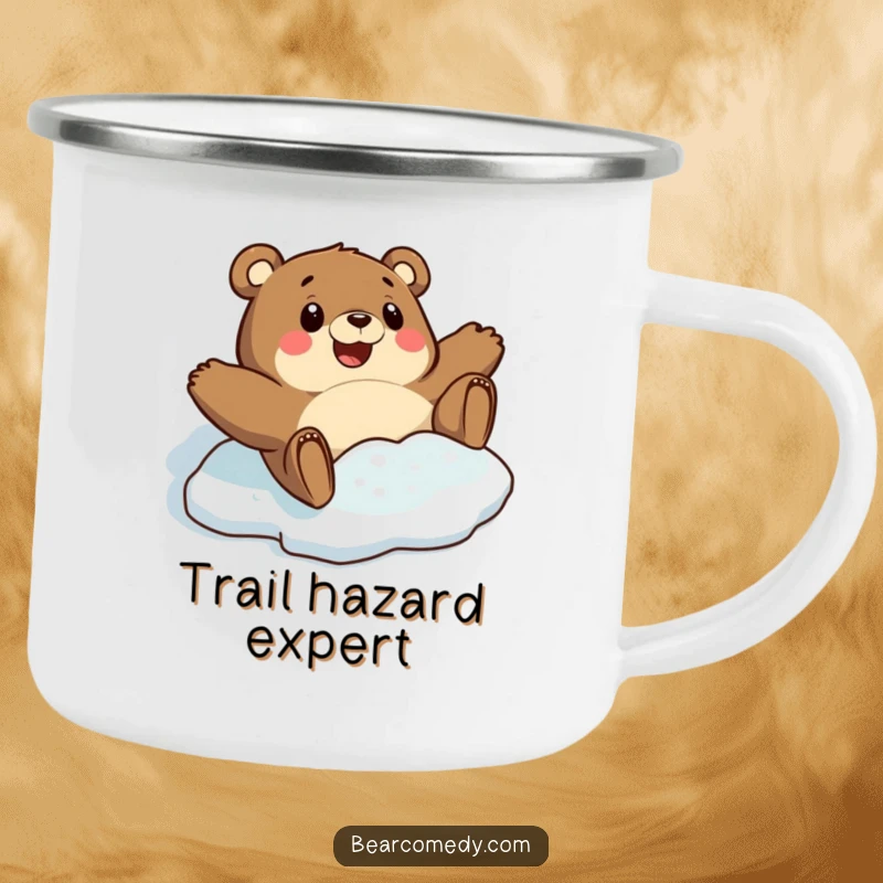 Funny enamel camping mug showing a bear character comically sliding on ice with surprised delight, perfect for winter outdoor enthusiasts.