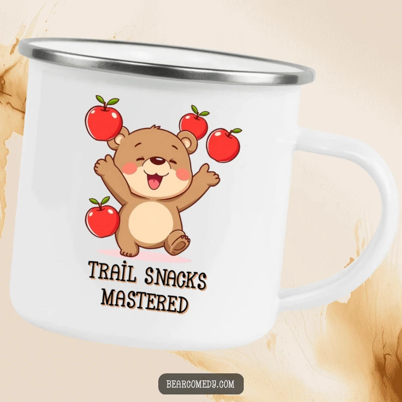Funny camping mug illustration of a bear character skillfully juggling three bright red apples, ready for adventure.