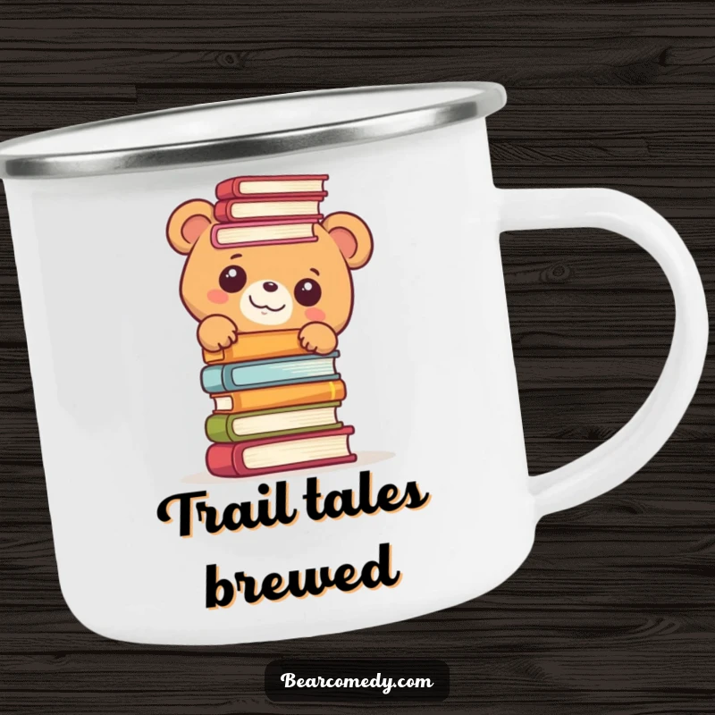 Funny camping mug illustration of a bear character peeking with delight from behind a tall stack of books, ready for stories.