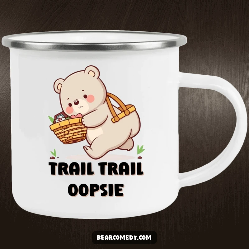 Funny camping mug showing a playful bear character comically tripping with an oversized picnic basket, perfect for outdoor fun.