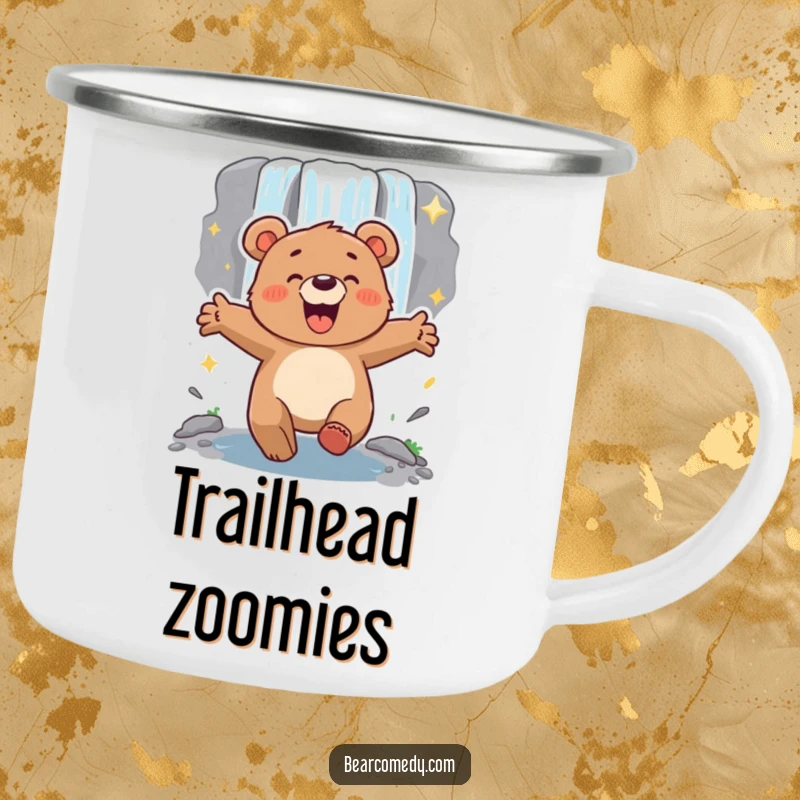 Funny energetic bear with arms outstretched, lumbering excitedly towards a sparkling waterfall, a durable camping mug for outdoor trips.