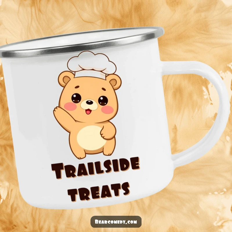 Funny enamel camping mug with a cute bear in a chef hat, posing comically while baking, perfect for outdoor chefs.