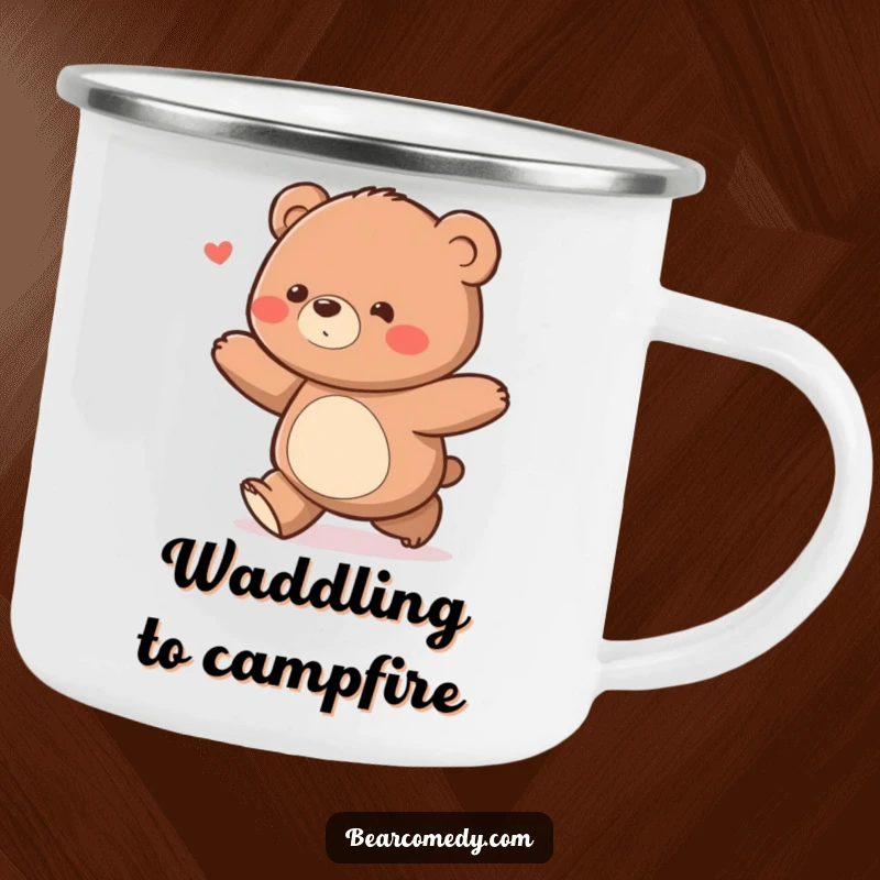Funny bear character with a delighted waddle ambling along on a durable camping mug, for outdoor cheer.