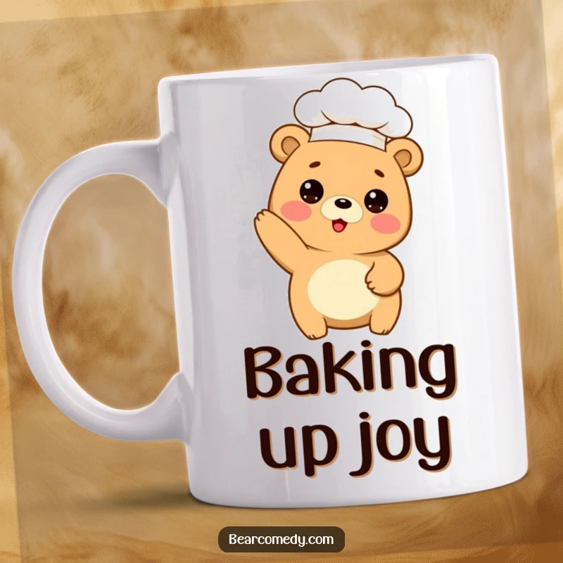 Funny mug featuring a cute bear character wearing a tiny chef hat, striking a comical pose while pretending to bake.