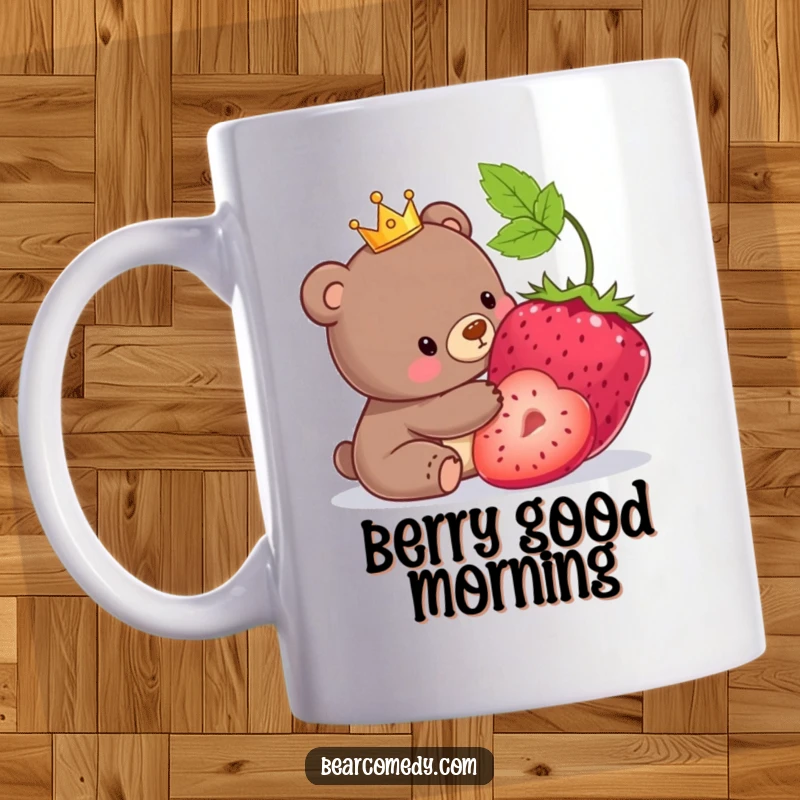 Funny mug featuring a bear wearing a small crown, playfully nudging an enormous berry with its nose.