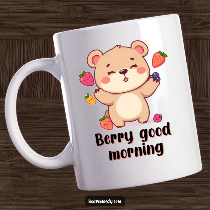 Funny Mug showcasing a bear character with a goofy grin, comically attempting to juggle colorful berries, embodying playful clumsiness.