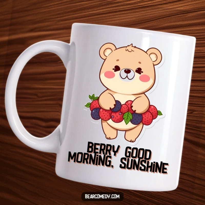 Funny bear mug showing a mischievous bear character balancing a large stack of colorful berries with a wide grin.