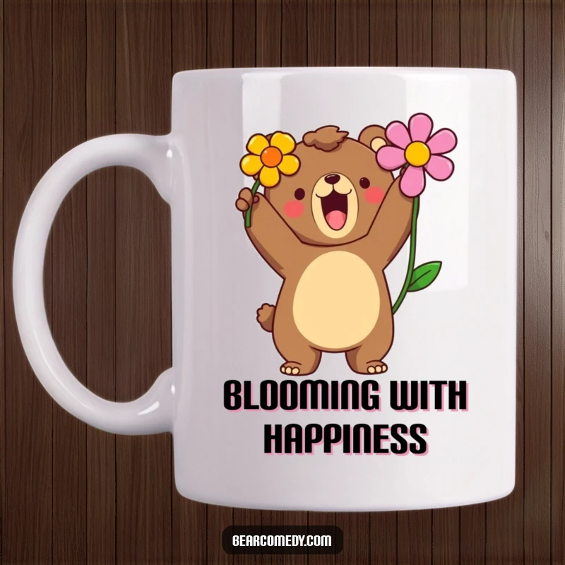 Funny mug featuring a bear character with a proud roar, holding a brightly colored flower high.