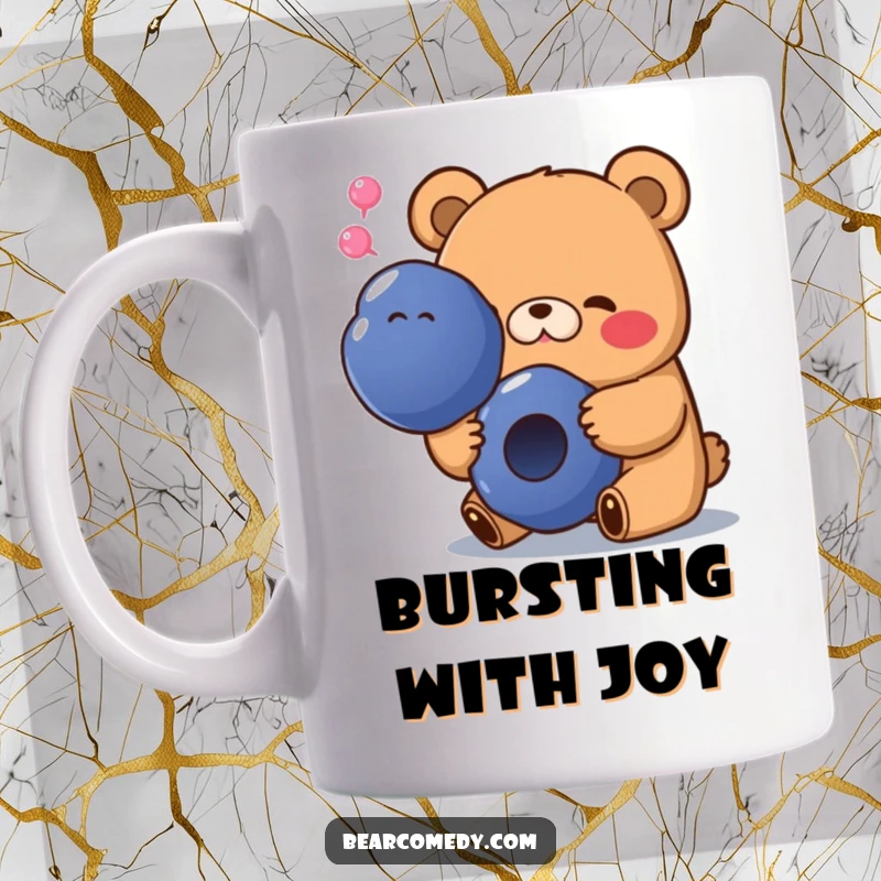 Funny mug featuring a bear with a happy sigh, blissfully munching on an oversized blueberry, a symbol of pure delight.