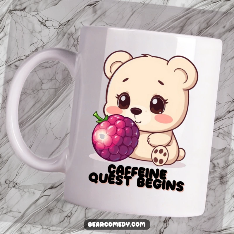 Funny mug showing a bear character curiously sniffing a giant, sparkling berry with wide, innocent eyes, full of wonder and delight.