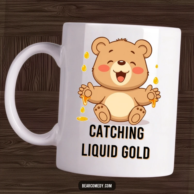 Funny mug of a bear with paws outstretched, joyfully catching falling honey droplets, celebrating sweet, sticky fun.