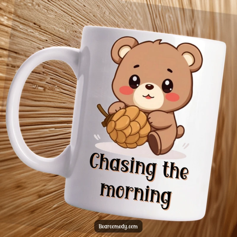 Funny mug featuring a bear character playfully chasing a rolling pinecone, eyes shining with pure, unadulterated glee and excitement.