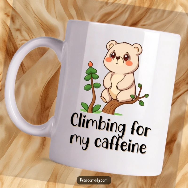 Funny determined bear character climbing a small tree on a mug, symbolizing ambition and humor.