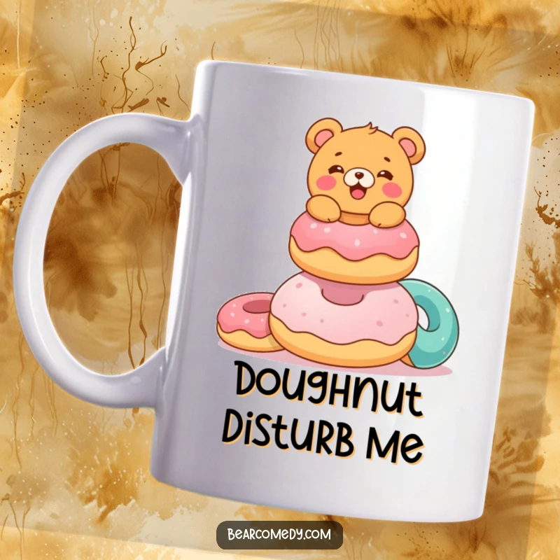 Funny mug featuring a delighted bear characterebalancing a tall stack of colorful, giant donuts with a happy expression, celebrating treats.