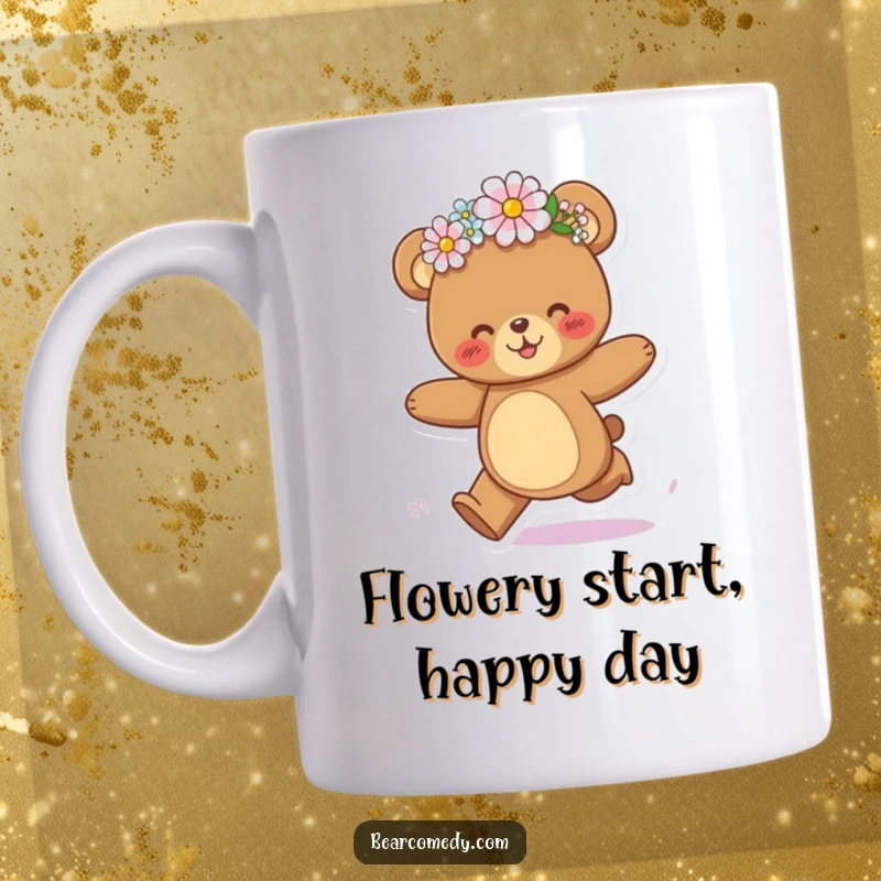 Funny bear mug showing a happy bear character galloping joyfully with a flower crown tilted playfully askew.