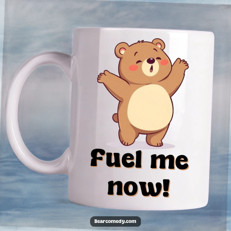 Funny mug depicting a bear character with a rumbling tummy joyfully doing a silly, energetic dance, celebrating hunger.