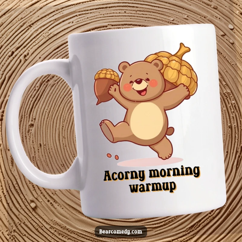 Funny mug art: A bear with an ecstatic expression joyfully kicks a giant, oversized acorn that is bouncing energetically.