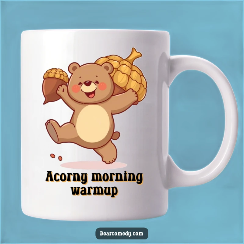 Funny Bear Acorn Kick Mug: Joyful Bear Kicks Giant Acorn, Energetic Funny Gift!