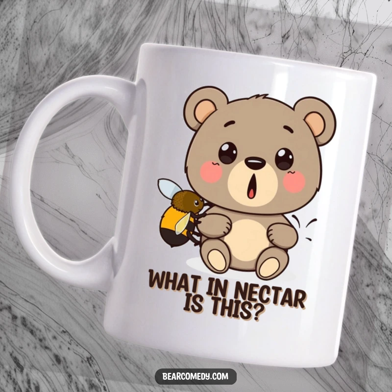 Funny mug featuring a cartoon bear with wide eyes, being gently lifted by a small bumblebee, pure surprise and joy.