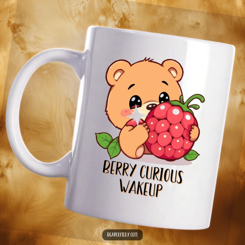 Funny mug featuring a bear character with wide, innocent eyes, curiously sniffing a giant, sparkling berry, showing gentle wonder.