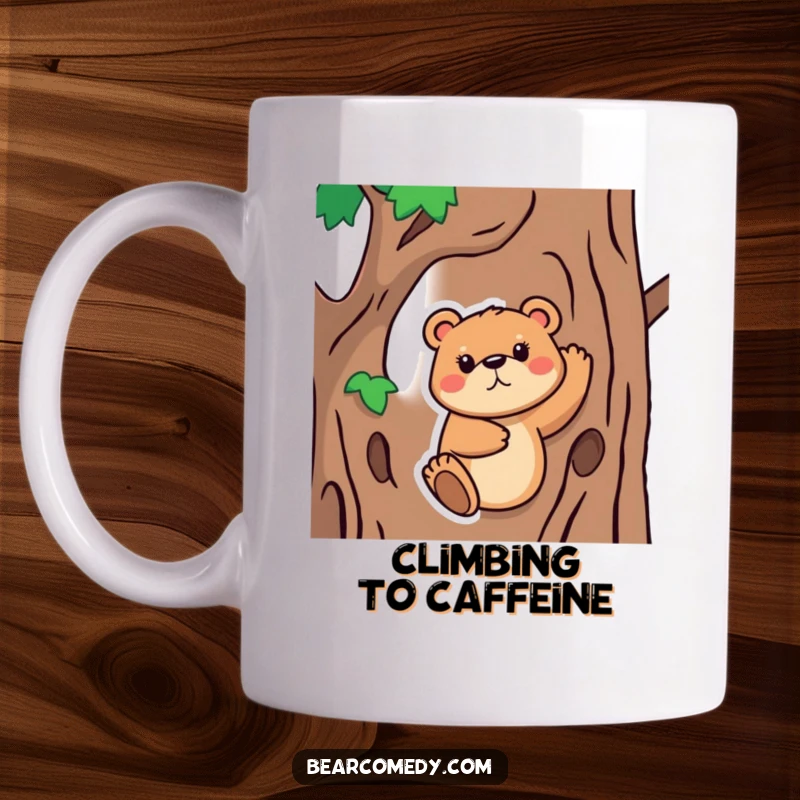 Funny Mug showing a bear animal with a determined face, vigorously trying to climb a tree, embodying persistence and humorous effort.