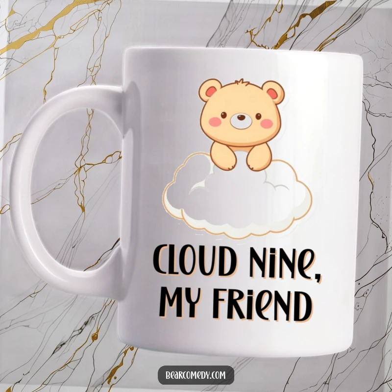 Funny mug art: A happy, smiling bear rides confidently on the back of a soft, white, fluffy cloud, conveying joy.