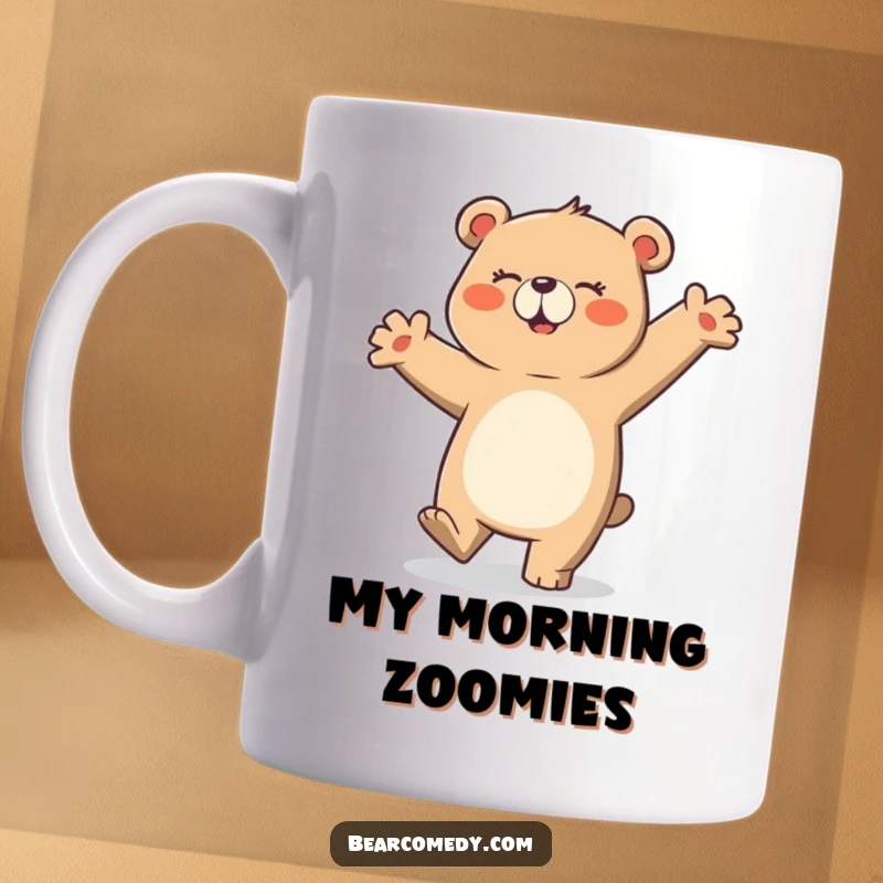 Funny mug featuring a clumsy bear character joyfully dancing with flailing arms, expressing pure, uninhibited happiness and a love for movement.