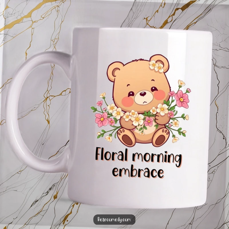 Funny mug shows a cartoon bear playfully stuck in a lush garland of colorful flowers, looking slightly bewildered but happy.