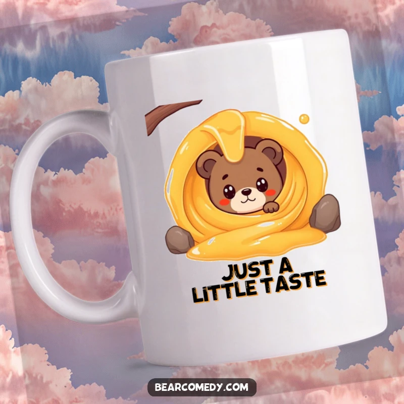 Funny mug with a bear character wide-eyed peeking from a giant, swirling honey stream, expressing sweet temptation.