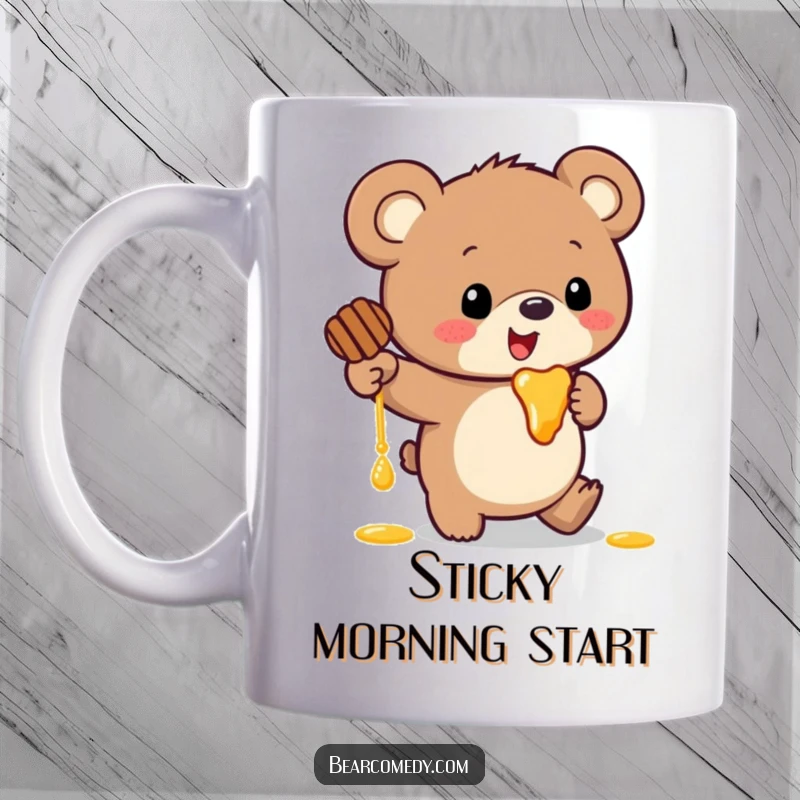 Funny mug featuring a bear with huge round ears comically tripping while desperately holding onto a pot of honey.