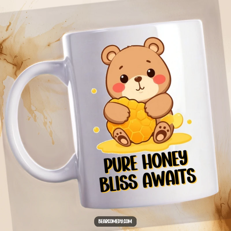 Funny mug featuring a round bear character with a wide, contented grin, happily hugging a giant honeycomb, symbolizing sweet joy.