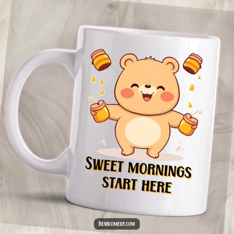 Funny bear mug showing a round, cheerful bear character happily juggling multiple golden honey pots, bringing joy and laughter.