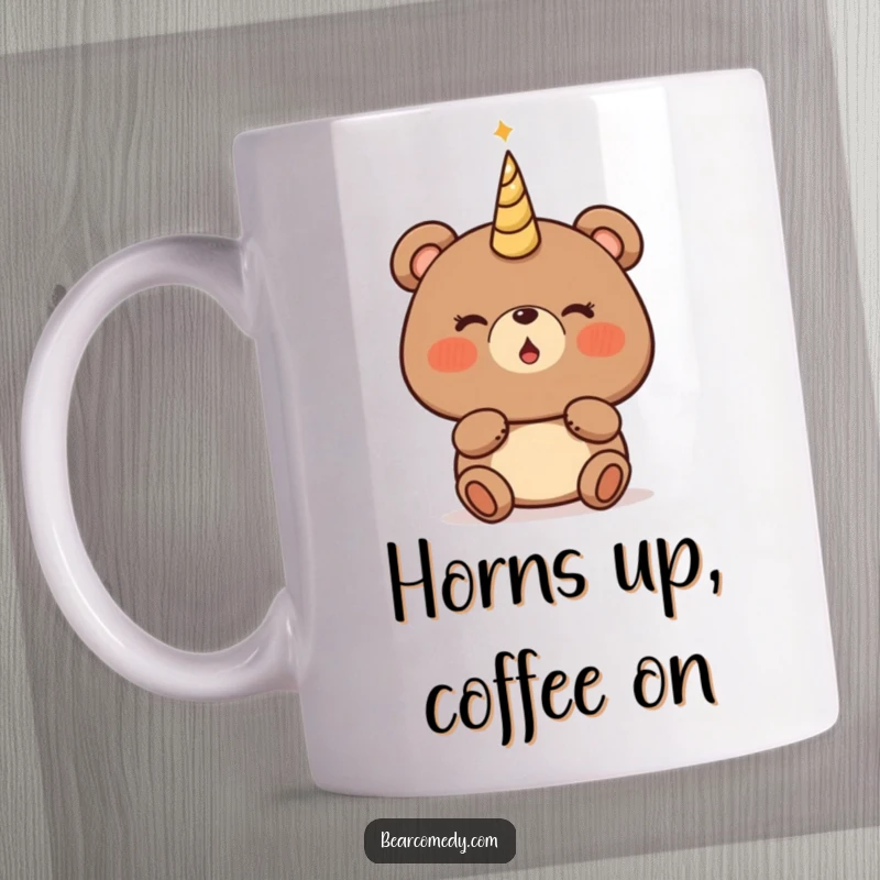Funny bear mug showing a bear character with rosy cheeks, poised to blow a magical, glowing horn.