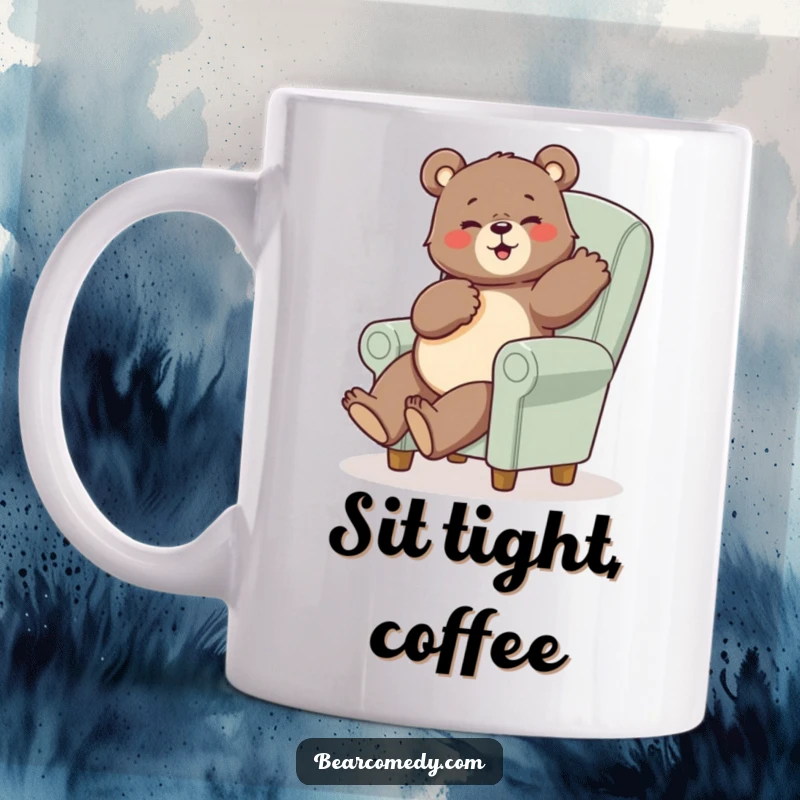 Funny bear mug showing a bear in a humorous pose sitting awkwardly on a tiny, oversized chair with a funny expression.