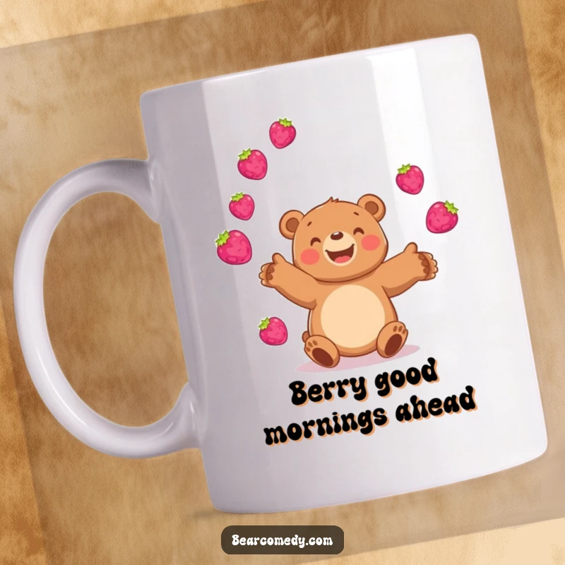 Funny bear mug featuring a happy bear character enthusiastically juggling several bright, bouncing berries, symbolizing playful abundance.