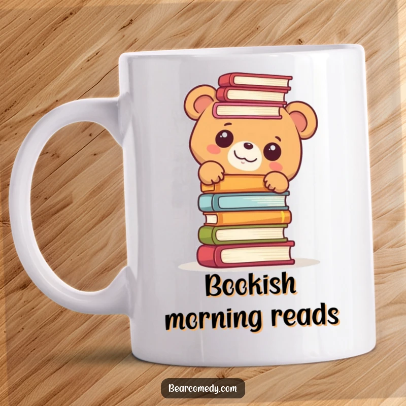 Funny mug showing a bear character peeking with pure delight from behind a tall, imposing stack of books.