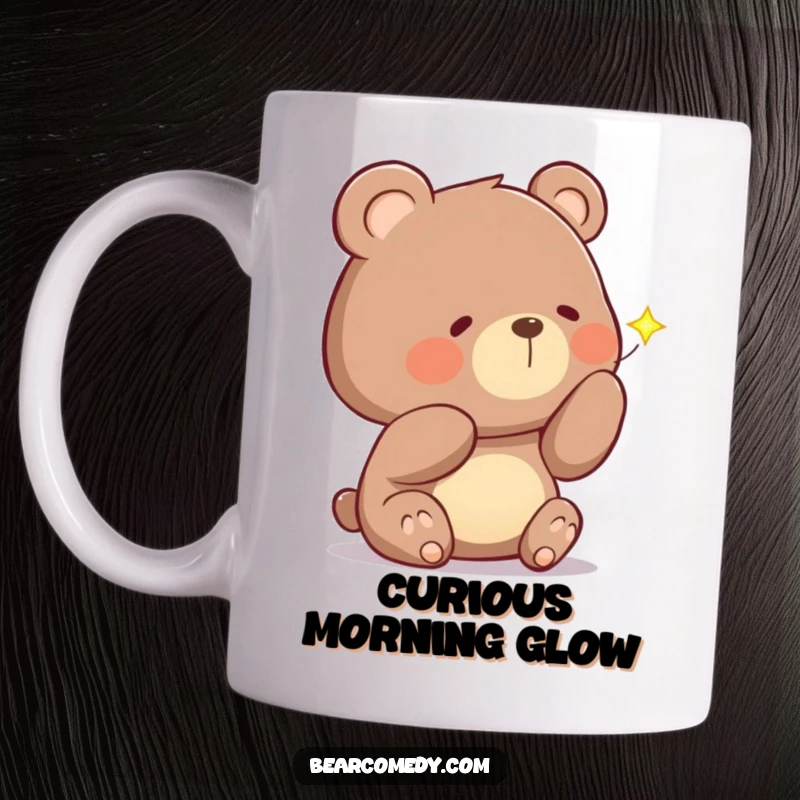 Funny mug of a bear tilting its head curiously, examining a sparkling firefly, symbolizing nighttime wonder and discovery.