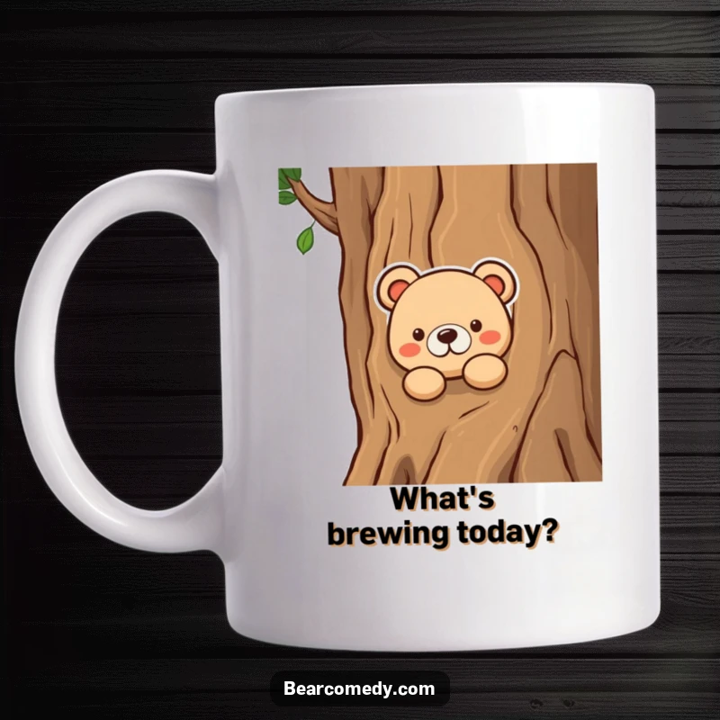 Funny mug featuring a bear character curiously peeking from behind a thick tree trunk, embodying playful intrigue and a sense of wonder.