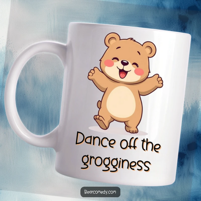 Funny mug featuring a bear character energetically doing a clumsy but joyful dance, stomping its paws with pure, unadulterated happiness.