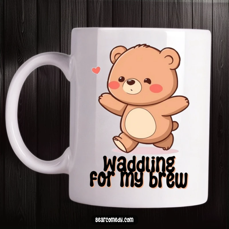 Funny bear character with a delighted waddle ambling along on a mug, conveying pure joy and happiness.