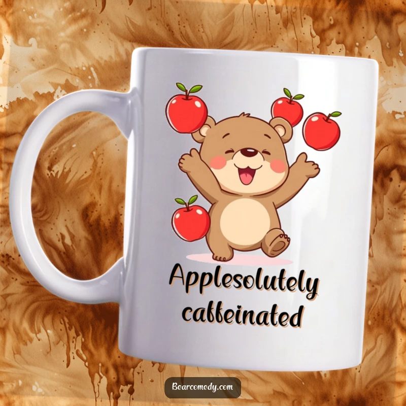 Funny mug depicting a bear character gleefully juggling three bright red apples high in the air.