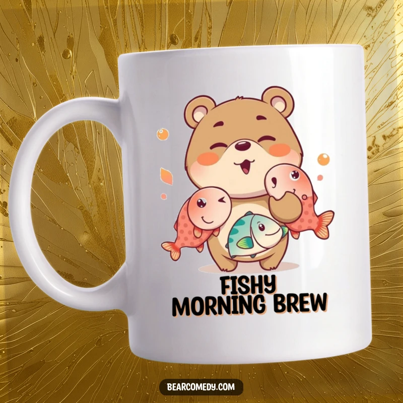 Funny mug featuring a mischievous bear charactere winking while juggling oversized, bright fish, showcasing playful skill and humor.