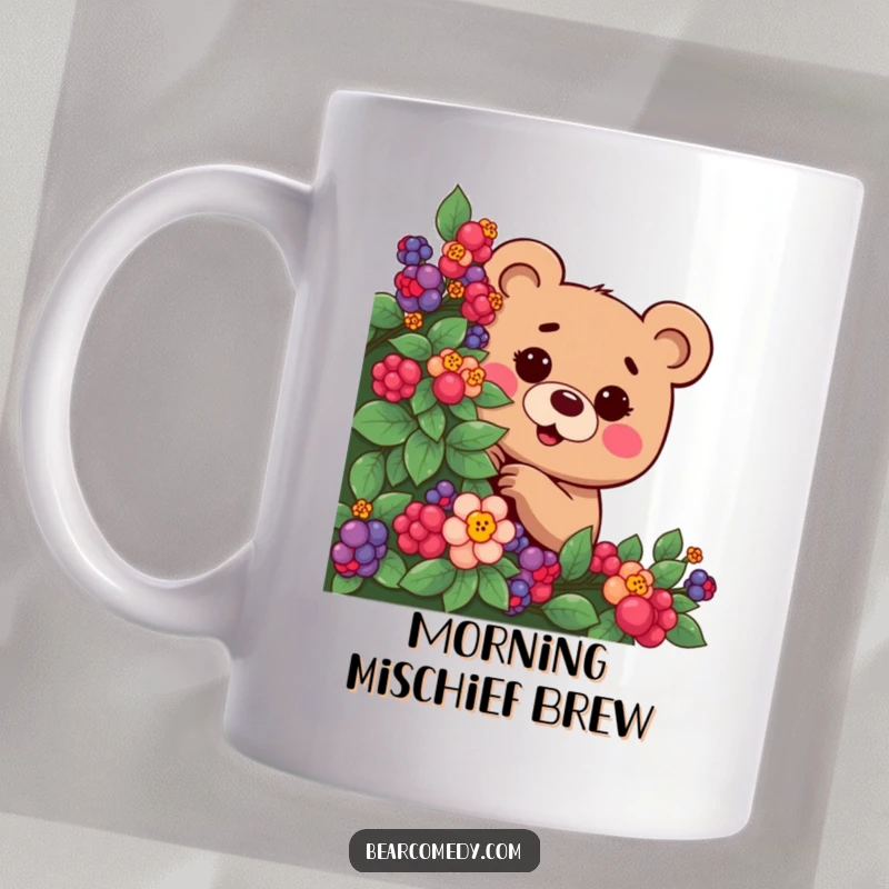 Funny mug with a mischievous bear character, eyes twinkling, playfully peeking from behind a berry bush, hinting at sweet trouble.